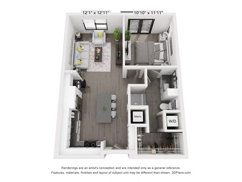 Floor plan for 1 bed, 1 bath, 744 sqft